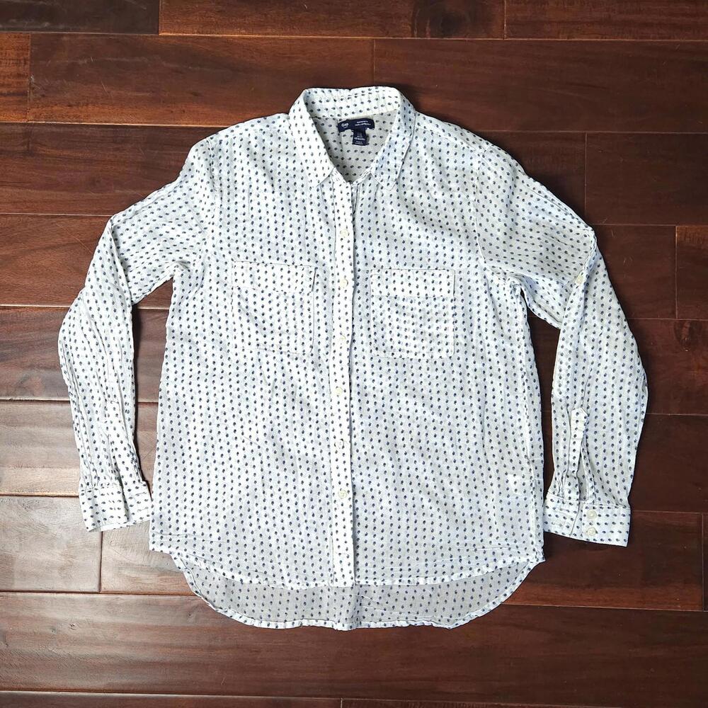 Gap Boyfriend Fit Women’s XS White Blue Polka Dot Long Sleeve Cotton Shirt